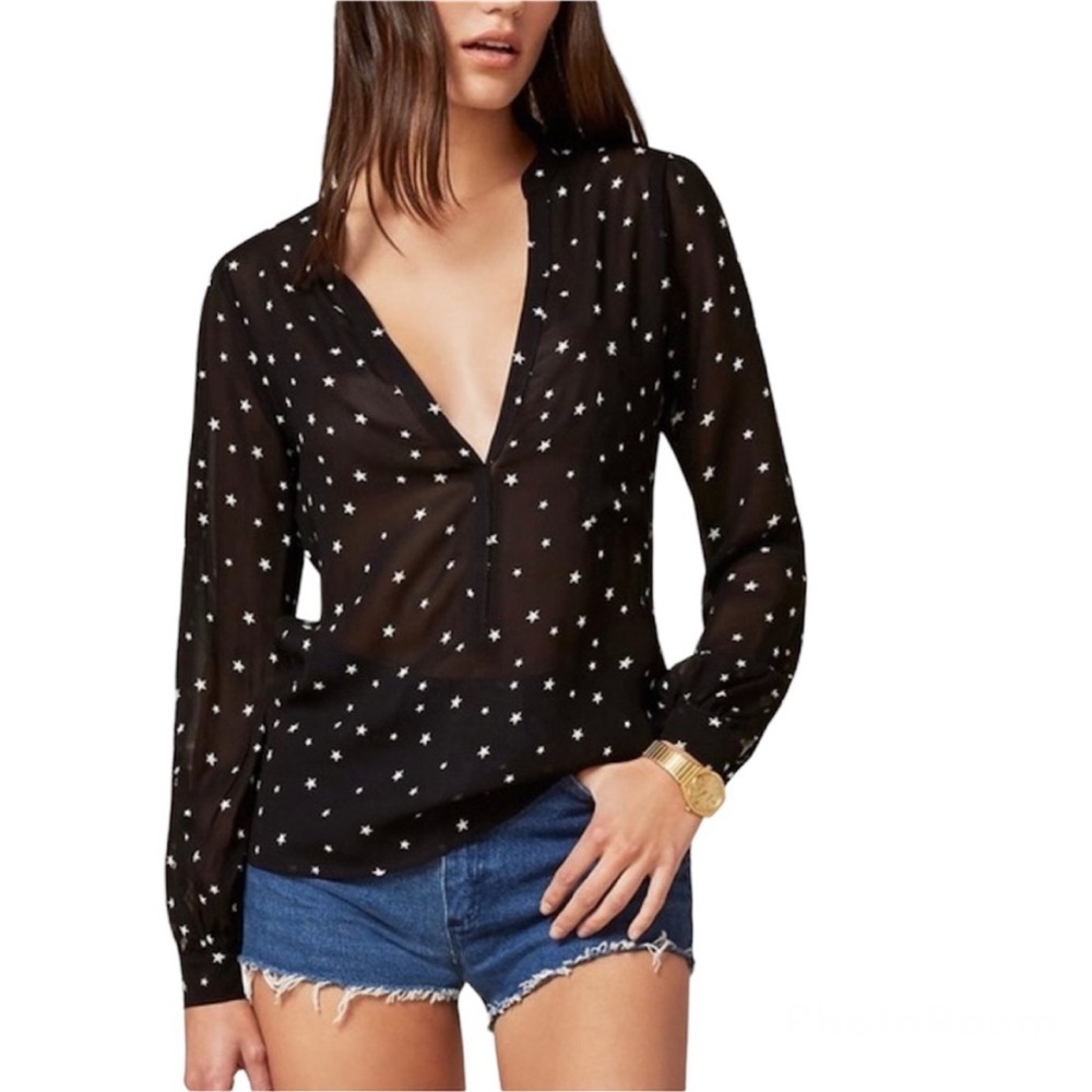 Reformation‎ Button Up Stars Sheer Blouse Black